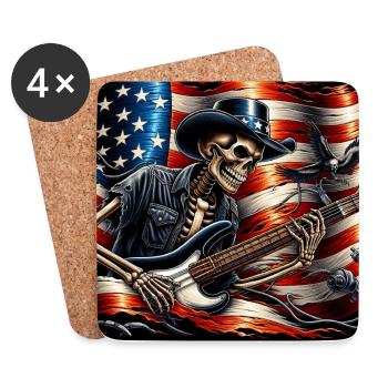 Crâne squelette avec guitare basse et drapeau américain - Dessous de verre (lot de 4) - blanc - Devant
