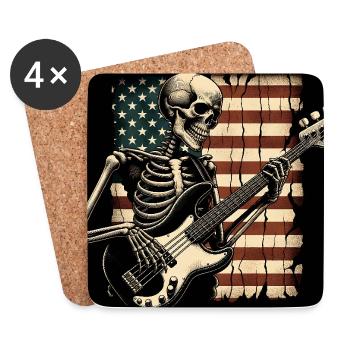 Skeleton Skull with Bass Guitar and US Flag - Coasters (set of 4) - white - Front