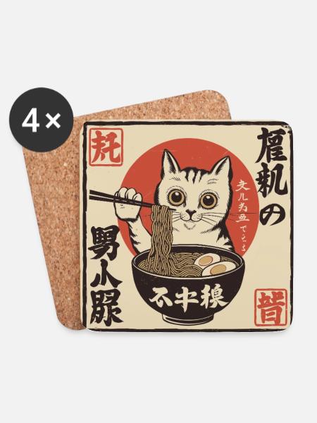 Katze und Ramen (Japan-Style) - Untersetzer (4er-Set) - Weiß