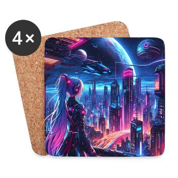 Une fille d’anime regarde une ville futuriste - Dessous de verre (lot de 4) - blanc - Devant