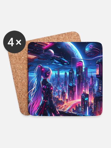 Anime girl looks over a futuristic city - Coasters (set of 4) - white