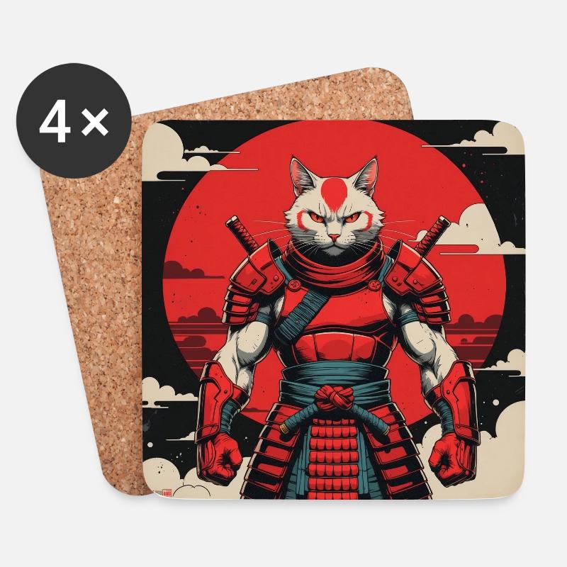 Samurai-Katzenkrieger - Untersetzer (4er-Set) - Weiß