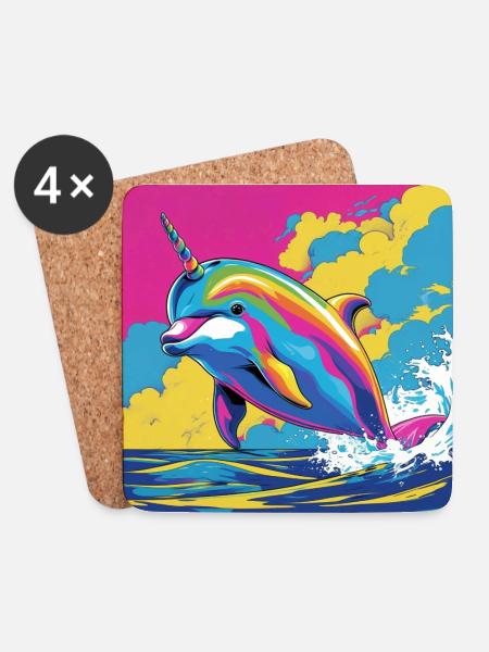 Pop Art Regenbogen Einhorn Delfin - Untersetzer (4er-Set) - Weiß