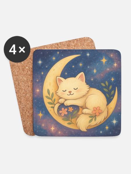 Schlafende Katze auf Mond in Sternenhimmel - Untersetzer (4er-Set) - Weiß
