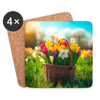 Tulpen in einem bunten Korb - Untersetzer (4er-Set) - Weiß - Vorne