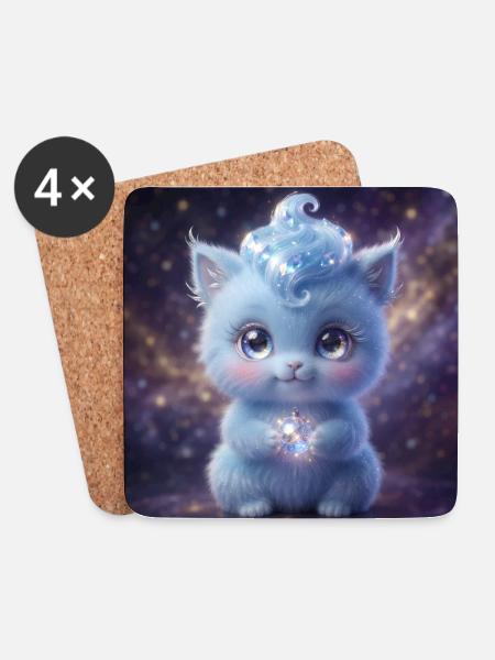 Cute fluffy blue fantasy creature holding a magic  - Untersetzer (4er-Set) - Weiß