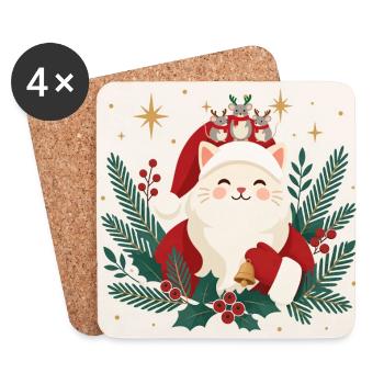 Katzensanta mit Rentierkranz und Mäusen - Untersetzer (4er-Set) - Weiß - Vorne
