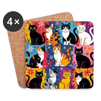 Katzenkunst "Bunt und Floral" - Untersetzer (4er-Set) - Weiß - Vorne