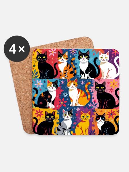 Katzenkunst "Bunt und Floral" - Untersetzer (4er-Set) - Weiß