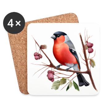 Charming bullfinch bird on a hawthorn twig - watercolor - Coasters (set of 4) - white - Front
