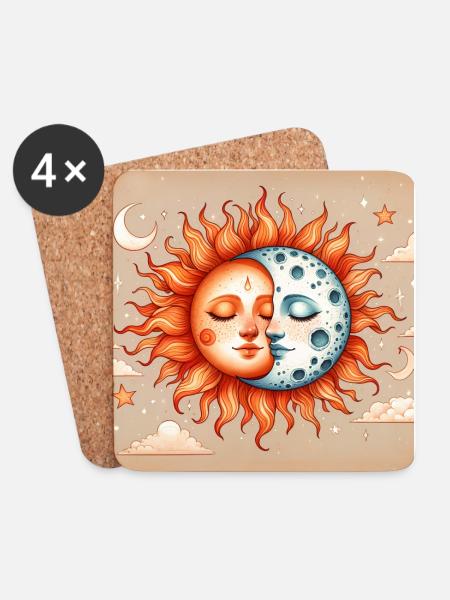 Sun and Moon Yin Yang - Coasters (set of 4) - white