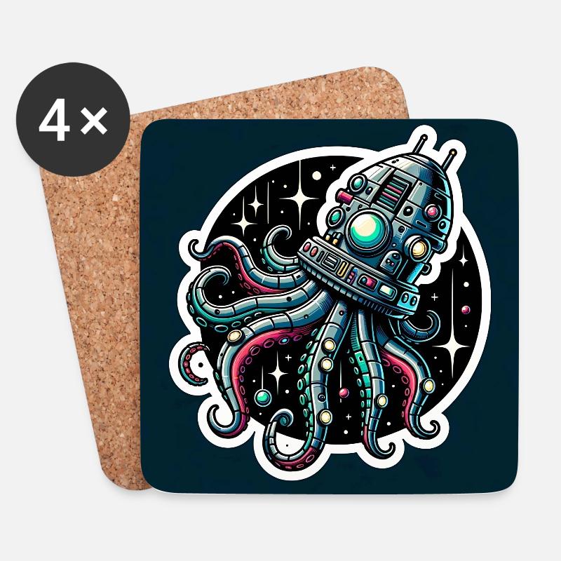 Fancy Octopus Spaceship - Coasters (set of 4) - white