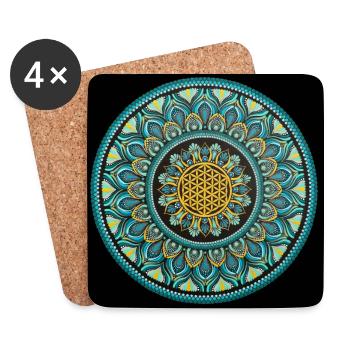 Blume des Lebens | Blau und Gold | Punktkunst - Untersetzer (4er-Set) - Weiß - Vorne