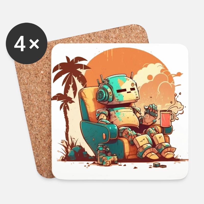 Ein ruhender alter Roboter auf orangefarbenem Hintergrund. - Untersetzer (4er-Set) - Weiß