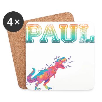PAUL - Beau prénom de garçon avec dinosaure - Dessous de verre (lot de 4) - blanc - Devant