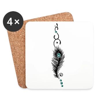 Plume de paon sur un ruban et perles. - Dessous de verre (lot de 4) - blanc - Devant