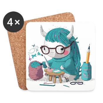 Strickendes Einhorn - Untersetzer (4er-Set) - Weiß - Vorne
