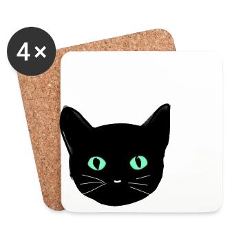 Chat, noir, illustration, yeux verts - Dessous de verre (lot de 4) - blanc - Devant