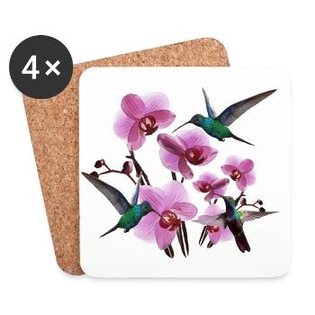 Colibris avec orchidées rose vert - Dessous de verre (lot de 4) - blanc - Devant