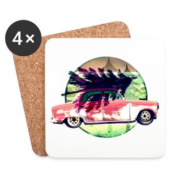 Oldtimer mit Weihnachtsbaum - Untersetzer (4er-Set) - Weiß - Vorne