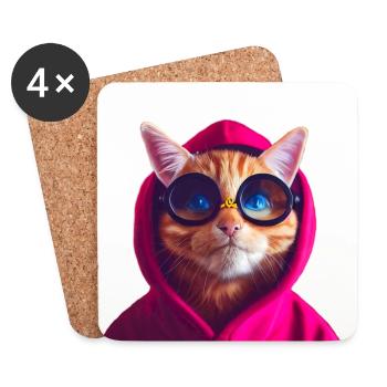 Ginger Cute Cat in colored hoodie with glasses - Coasters (set of 4) - white - Front