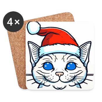 Beau chat portant un chapeau de Noël - Dessous de verre (lot de 4) - blanc - Devant