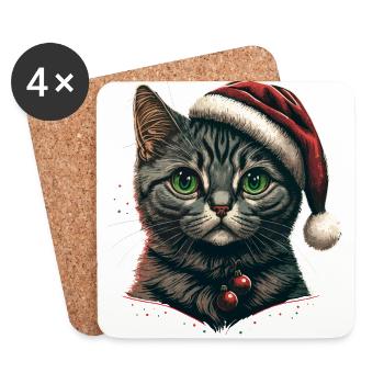 Adorable chat portant un chapeau de Père Noël - Dessous de verre (lot de 4) - blanc - Devant