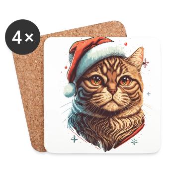 Charmant chat portant un chapeau de Père Noël - Dessous de verre (lot de 4) - blanc - Devant