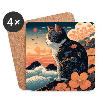 Ukiyo Beach Landscape with Cat - Coasters (set of 4) - white - Front