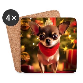 Chihuahua avec couronne de Noël et cadeaux - Dessous de verre (lot de 4) - blanc - Devant
