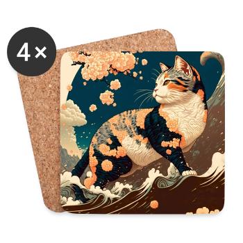 Ukiyo Beach Landscape with Cat - Coasters (set of 4) - white - Front