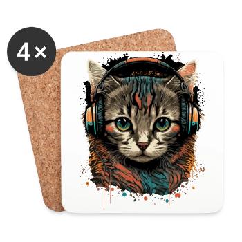Vintage Katze mit Kopfhörern - Untersetzer (4er-Set) - Weiß - Vorne