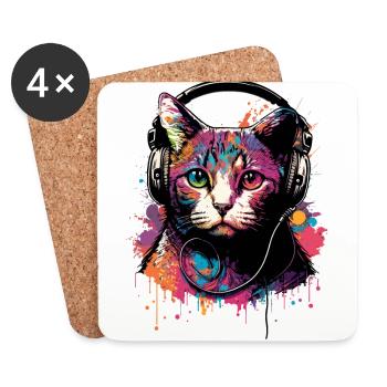 Chat coloré avec casque - Dessous de verre (lot de 4) - blanc - Devant