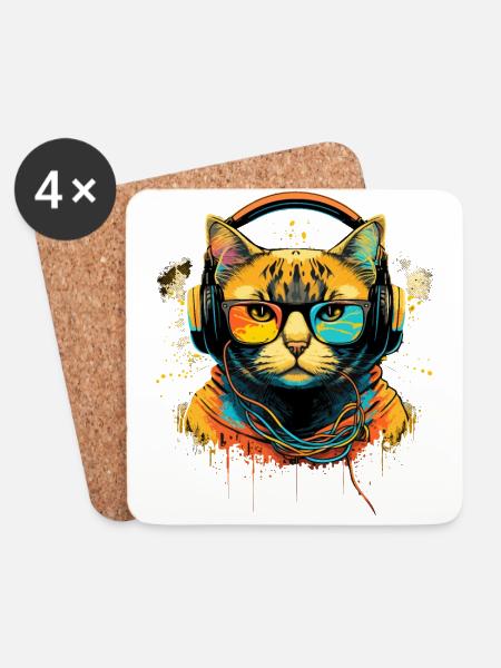 DJ Katze - Untersetzer (4er-Set) - Weiß