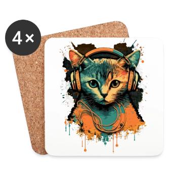 Retro Cat mit Kopfhörern - Untersetzer (4er-Set) - Weiß - Vorne