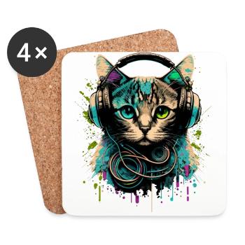 Katze mit Headset - Untersetzer (4er-Set) - Weiß - Vorne