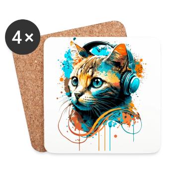 Katze hört Musik - Untersetzer (4er-Set) - Weiß - Vorne