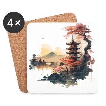 Œuvre d’art de temple asiatique - Dessous de verre (lot de 4) - blanc - Devant