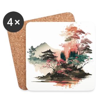 Holzschnittlandschaft - Untersetzer (4er-Set) - Weiß - Vorne
