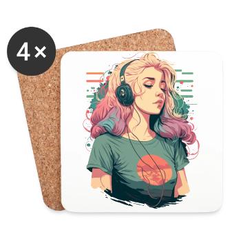 Anime Girl avec des écouteurs - Dessous de verre (lot de 4) - blanc - Devant