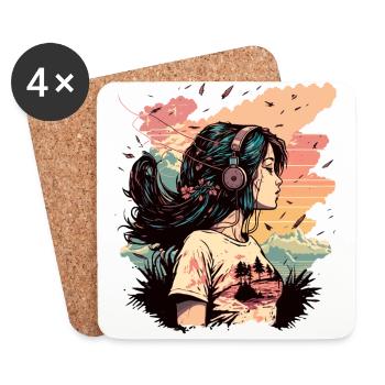 Anime Girl listening to Music - Coasters (set of 4) - white - Front
