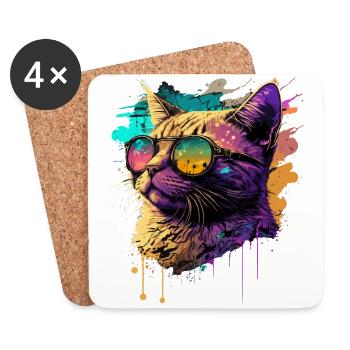 Chat avec lunettes de soleil fluo - Dessous de verre (lot de 4) - blanc - Devant