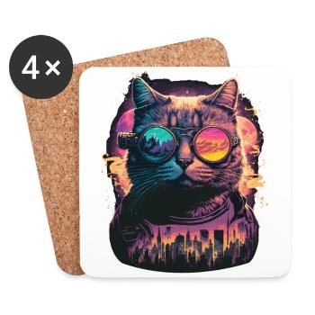 Illustration de chat néon - Dessous de verre (lot de 4) - blanc - Devant
