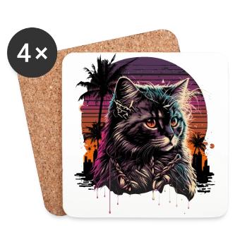 Synthwave Cat - Dessous de verre (lot de 4) - blanc - Devant