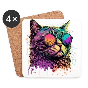 Neonkatze mit Sonnenbrille - Untersetzer (4er-Set) - Weiß - Vorne