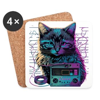 Chat avec cassette - Dessous de verre (lot de 4) - blanc - Devant