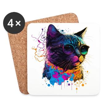 Chat coloré - Dessous de verre (lot de 4) - blanc - Devant