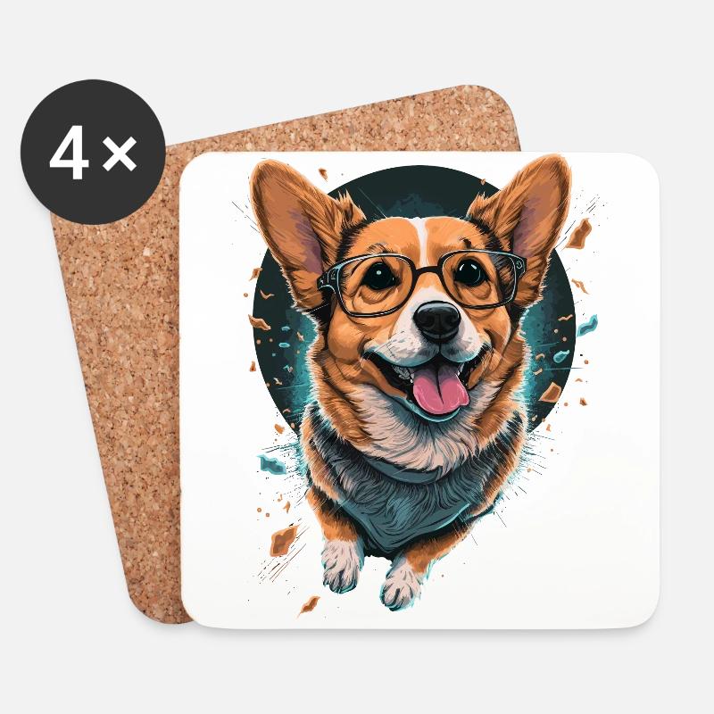Sjov Corgi - Glasbrikker (sæt med 4 stk.) - hvid