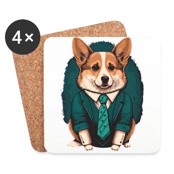Corgi en costume vert - Dessous de verre (lot de 4) - blanc - Devant