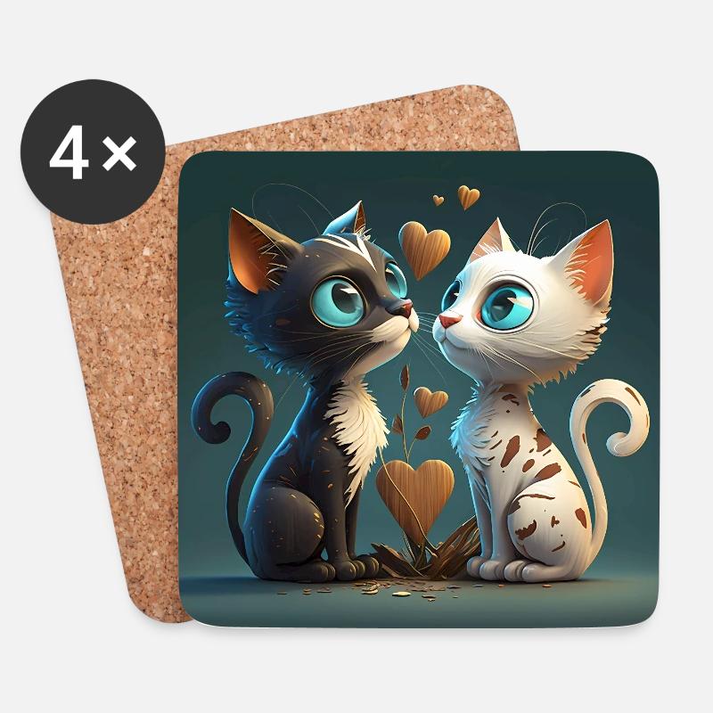 Cartoon Kitten mit Herz - Untersetzer (4er-Set) - Weiß